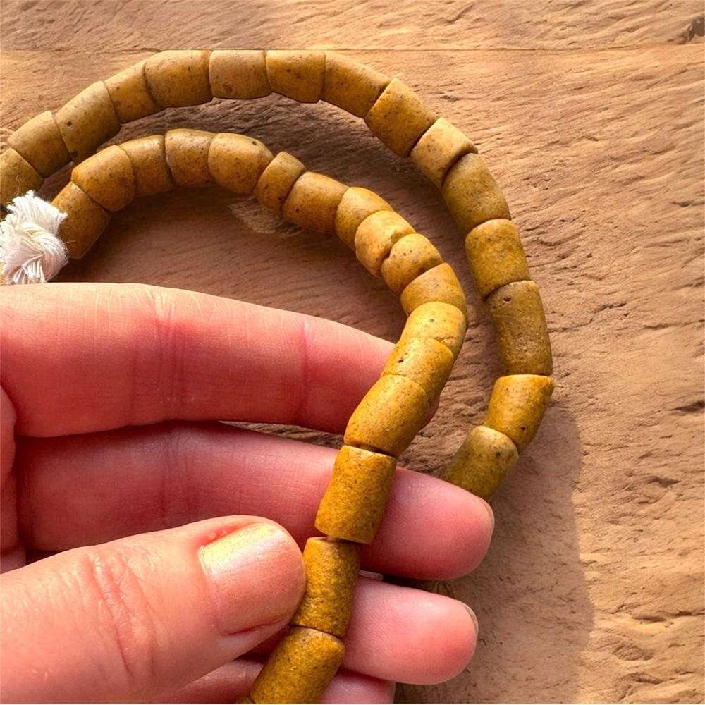 Vintage African Powdered Glass Trade Bead Strand Mustard Yellow - 70 Beads - Picture 2 of 4